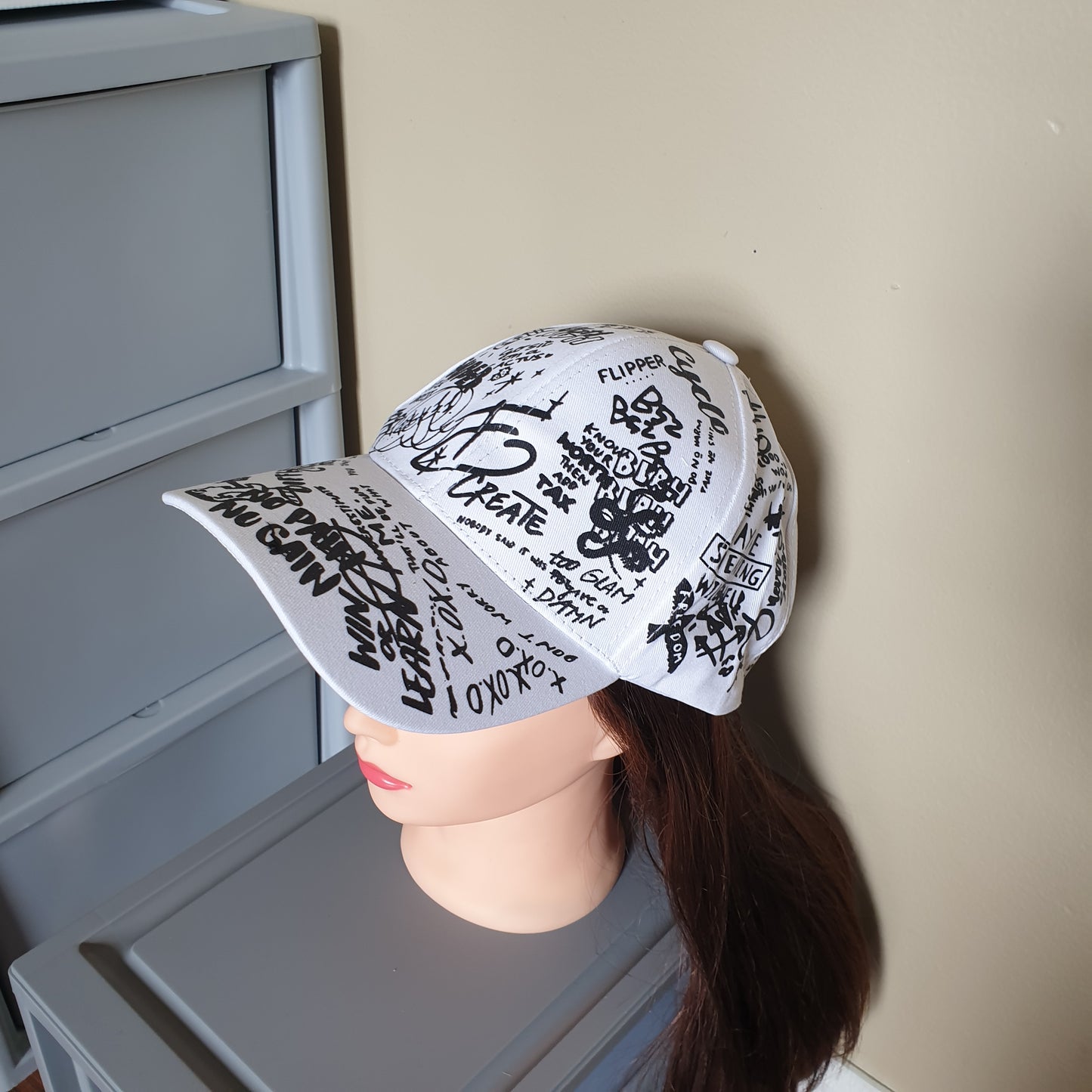 Adjustable white cap graffiti